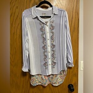 Chico's Top Sz 2(12/14) Mixed Print Button Up Paisley/Stripes Long Sleeve - EUC
